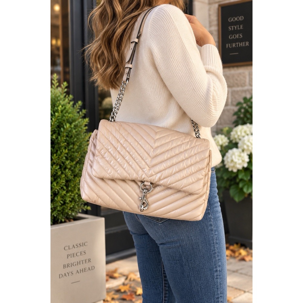 Rebecca Minkoff Edie Jumbo Flap Shoulder Bag New Nude Quilted Nylon NWT